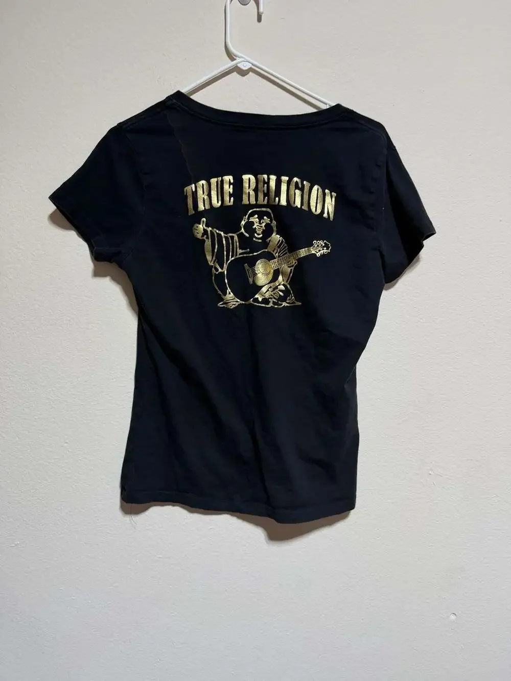 True Religion Buddha Graphic V-Neck T-Shirt Black Gold XL